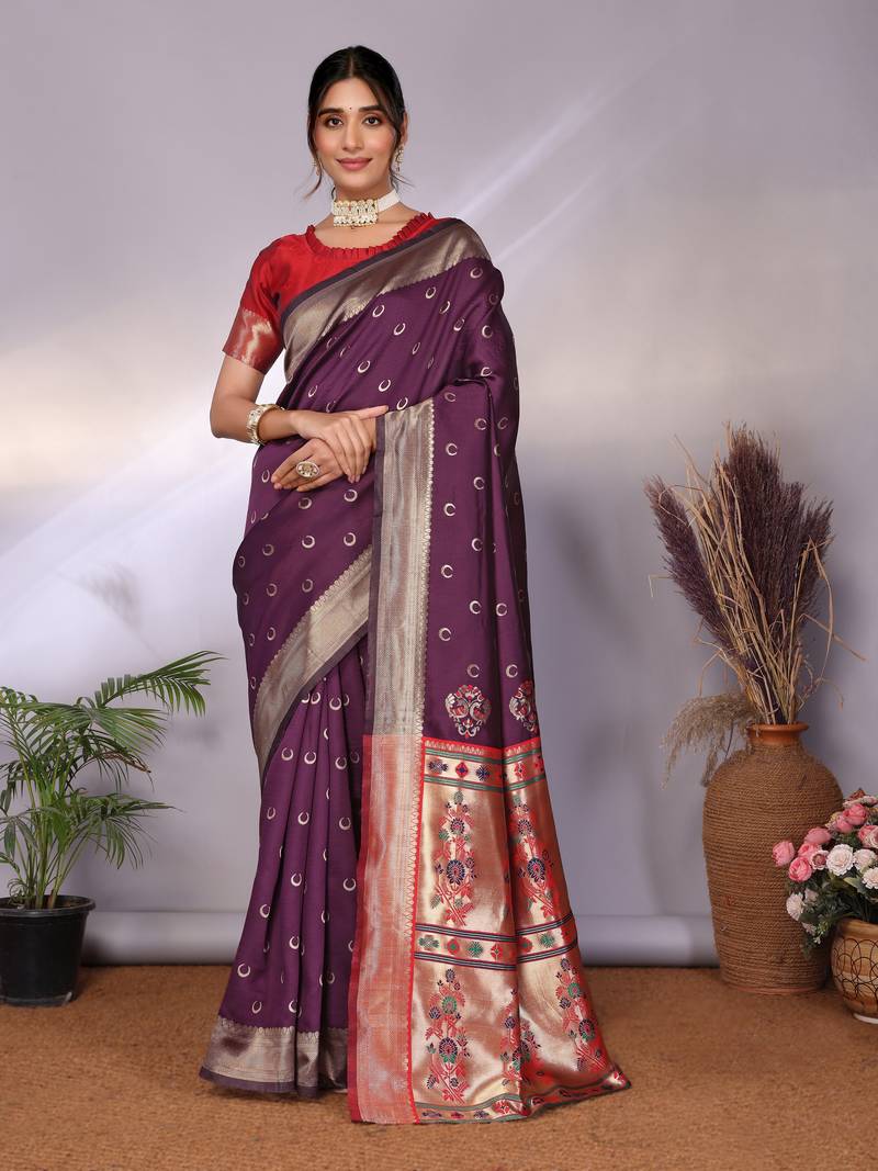 wine soft silk blend banarasi saree with blouse 