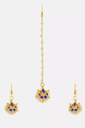 Gold plated kundan blue stones maang tikka