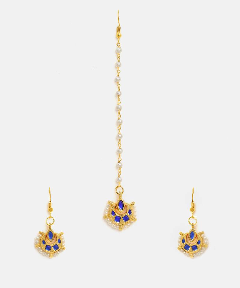 Gold plated kundan blue stones maang tikka