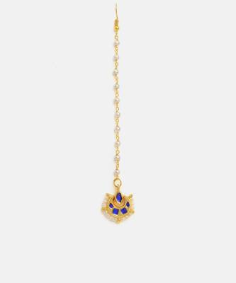Gold plated kundan blue stones maang tikka 4
