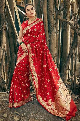 red soft art silk banarasi saree with blouse 