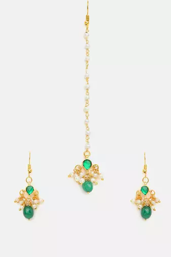 Gold plated kundan green stones maang tikka