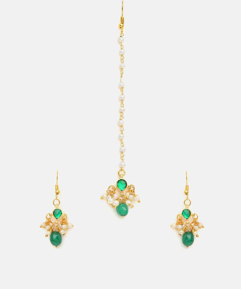 Gold plated kundan green stones maang tikka