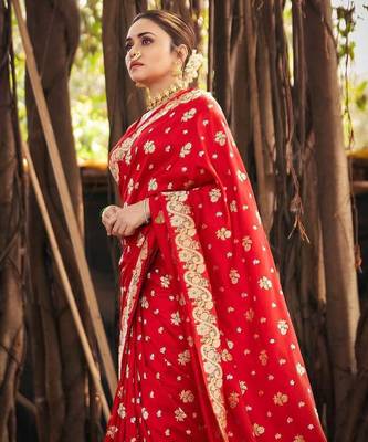 red silk blend banarasi saree with blouse  2