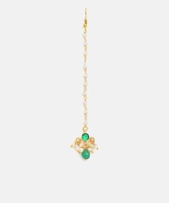 Gold plated kundan green stones maang tikka 4
