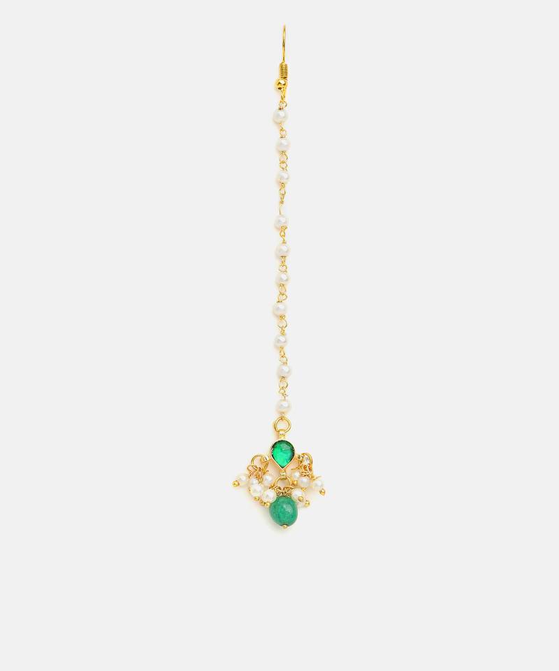 Gold plated kundan green stones maang tikka