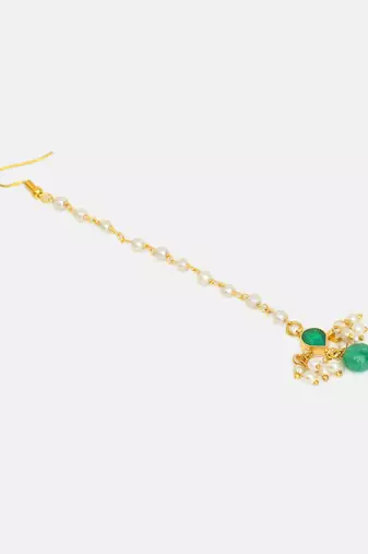 Gold plated kundan green stones maang tikka