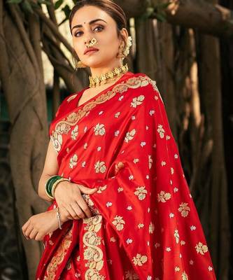 red silk blend banarasi saree with blouse  4