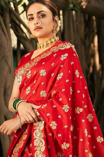 red silk blend banarasi saree with blouse 