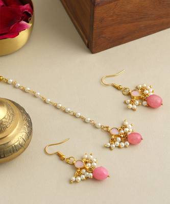 Gold plated kundan pink stones maang tikka 2