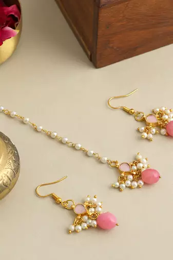 Gold plated kundan pink stones maang tikka