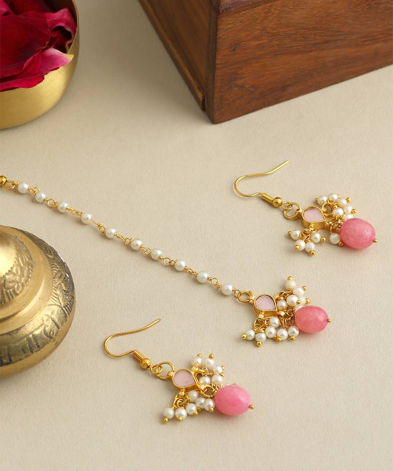 Gold plated kundan pink stones maang tikka
