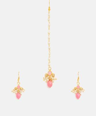 Gold plated kundan pink stones maang tikka 3