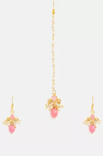 Gold plated kundan pink stones maang tikka
