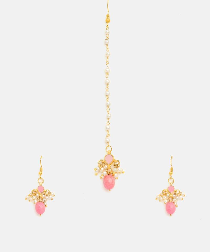 Gold plated kundan pink stones maang tikka