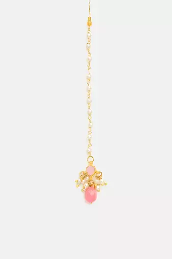 Gold plated kundan pink stones maang tikka