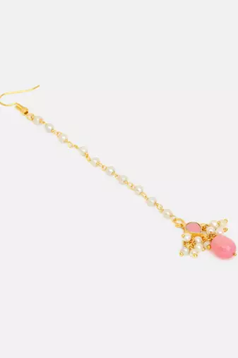 Gold plated kundan pink stones maang tikka