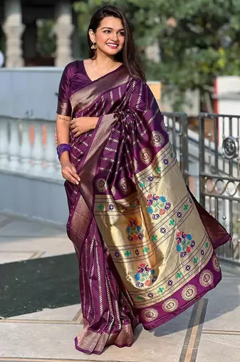 wine silk blend banarasi saree with blouse 