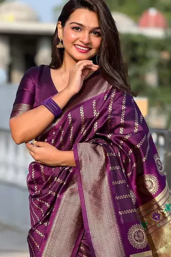 wine silk blend banarasi saree with blouse 