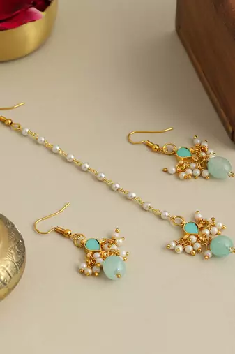 Gold plated kundan green stones maang tikka