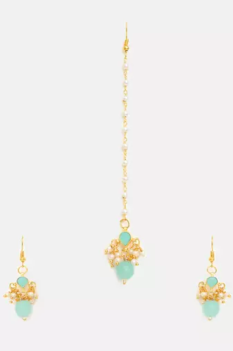 Gold plated kundan green stones maang tikka