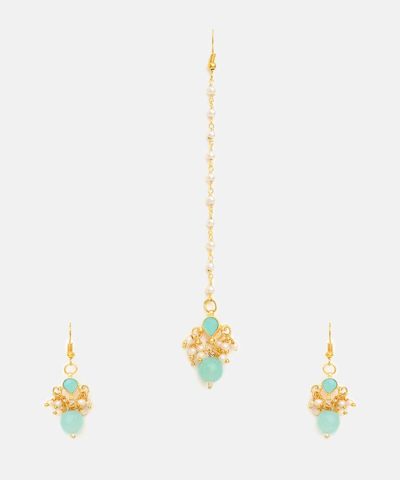 Gold plated kundan green stones maang tikka
