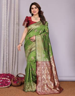 light green silk blend banarasi saree with blouse  1