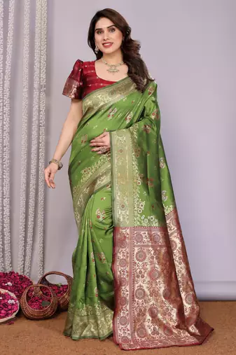 light green soft art silk banarasi saree with blouse 