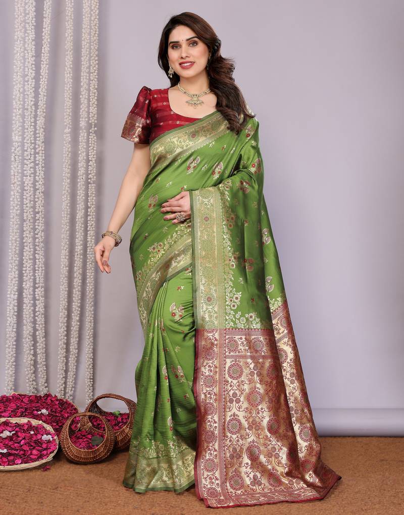 light green soft art silk banarasi saree with blouse 