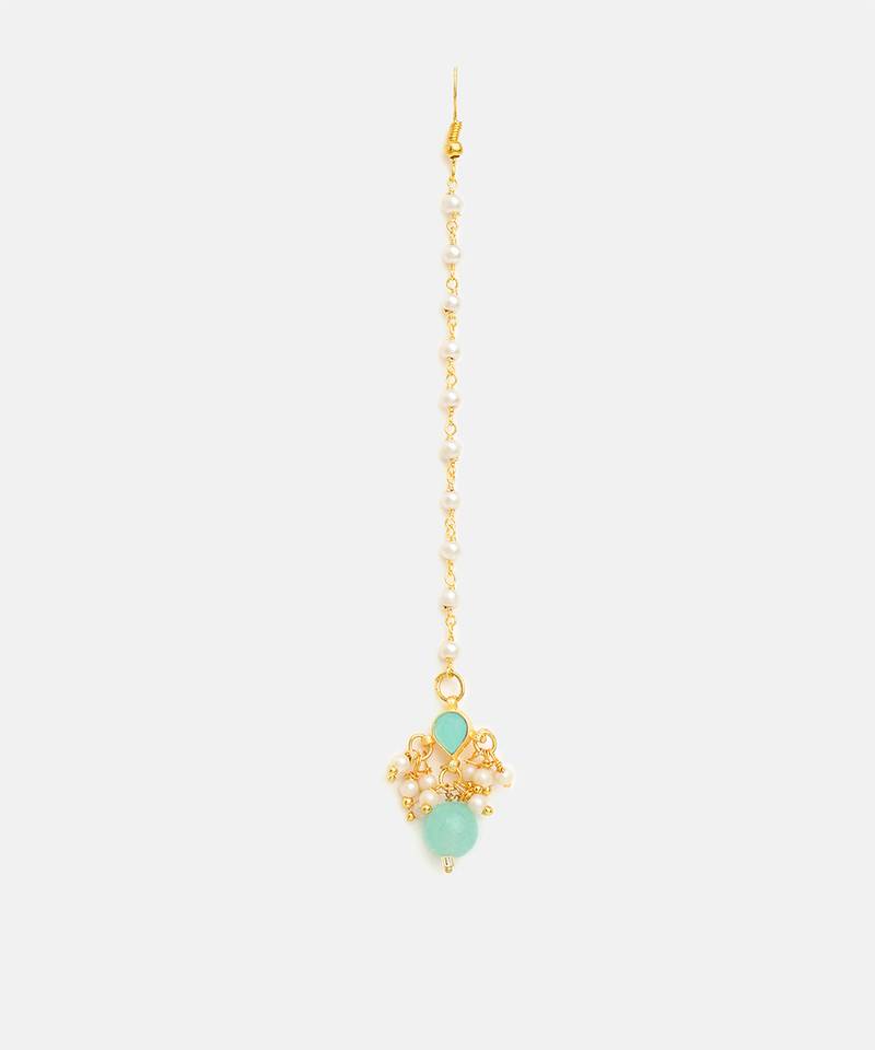 Gold plated kundan green stones maang tikka