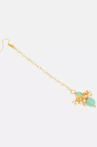 Gold plated kundan green stones maang tikka