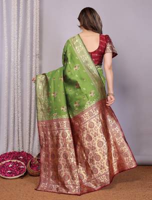 light green silk blend banarasi saree with blouse  2