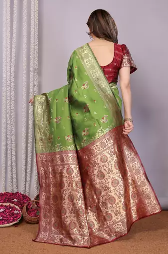 light green silk blend banarasi saree with blouse 