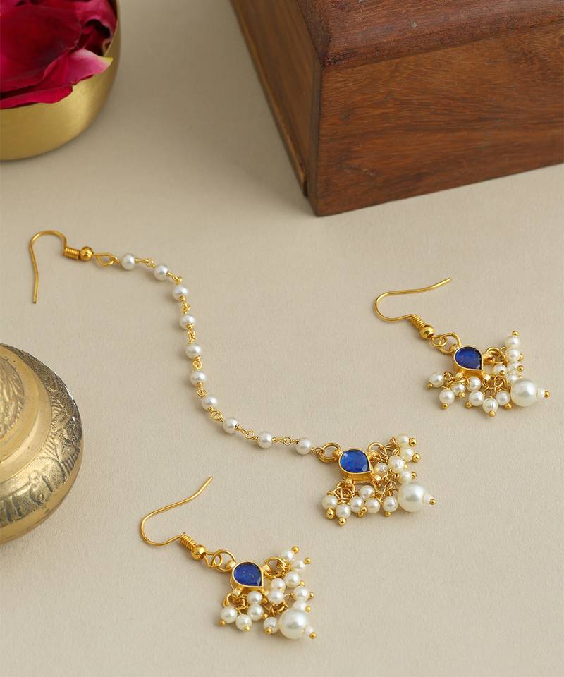 Gold plated kundan blue stones maang tikka