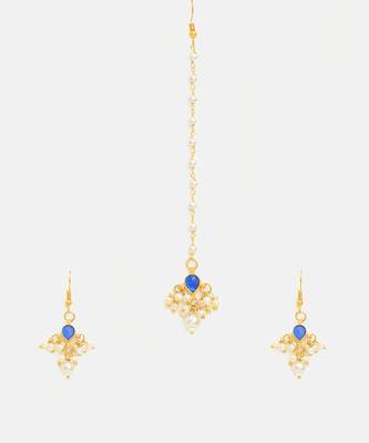 Gold plated kundan blue stones maang tikka 3
