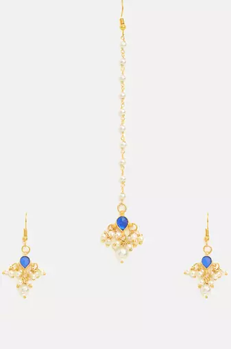 Gold plated kundan blue stones maang tikka