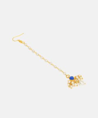 Gold plated kundan blue stones maang tikka 5