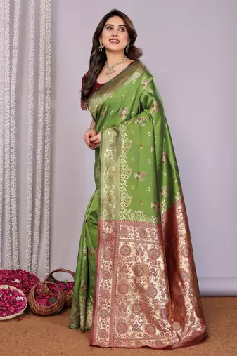 light green silk blend banarasi saree with blouse 