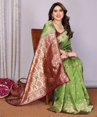 light green silk blend banarasi saree with blouse  4