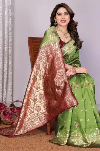 light green silk blend banarasi saree with blouse 