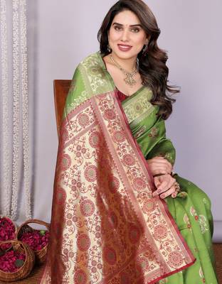 light green silk blend banarasi saree with blouse  5