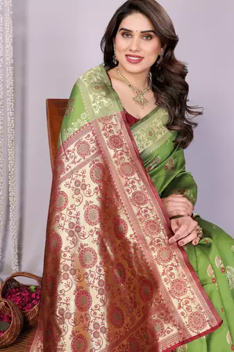 light green silk blend banarasi saree with blouse 