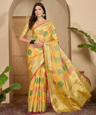 Women's yellow organza zari woven saree with unstitched blouse piece 1