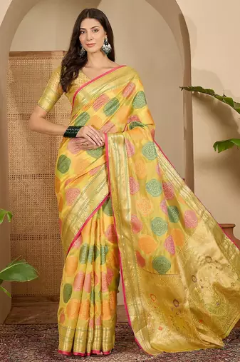 Women's yellow organza zari woven saree with unstitched blouse piece