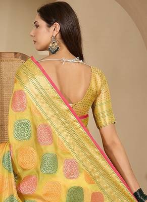Women's yellow organza zari woven saree with unstitched blouse piece 3