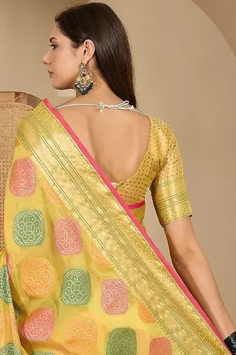 Women's yellow organza zari woven saree with unstitched blouse piece