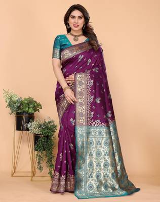 wine silk blend banarasi saree with blouse  1