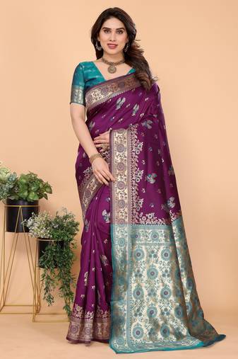 wine soft art silk banarasi saree with blouse 