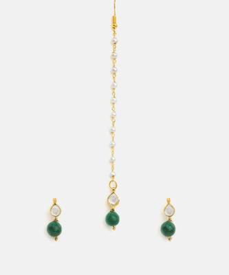 Gold plated kundan green stones maang tikka 4