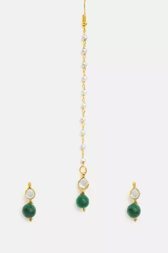 Gold plated kundan green stones maang tikka